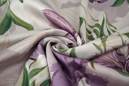 Satin with elastane - lilac orchids 80 g/m²
