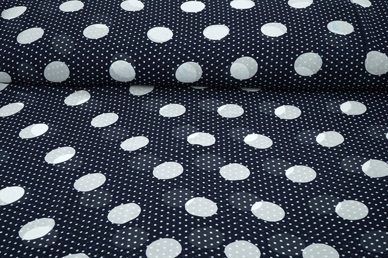Šifons - punkti uz tumši zila fona | 150 cm | 65 g/m²