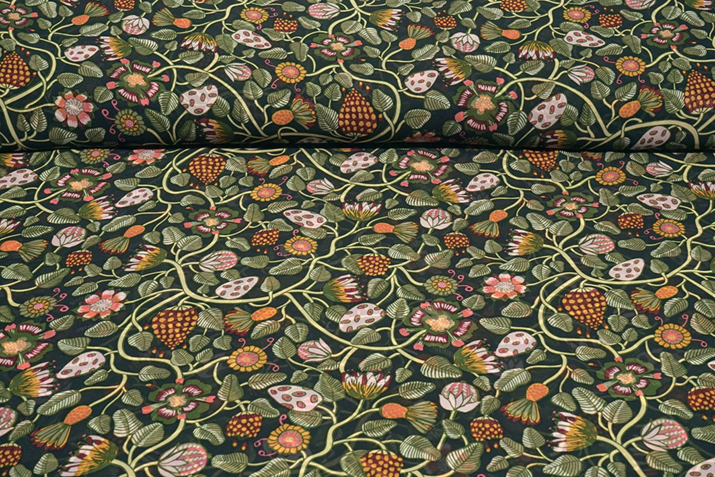 Attēls ar Šifons - ziedi ar zaļām stīgām| 150 cm | 65 g/m² – pieejams Šarlotes audumi