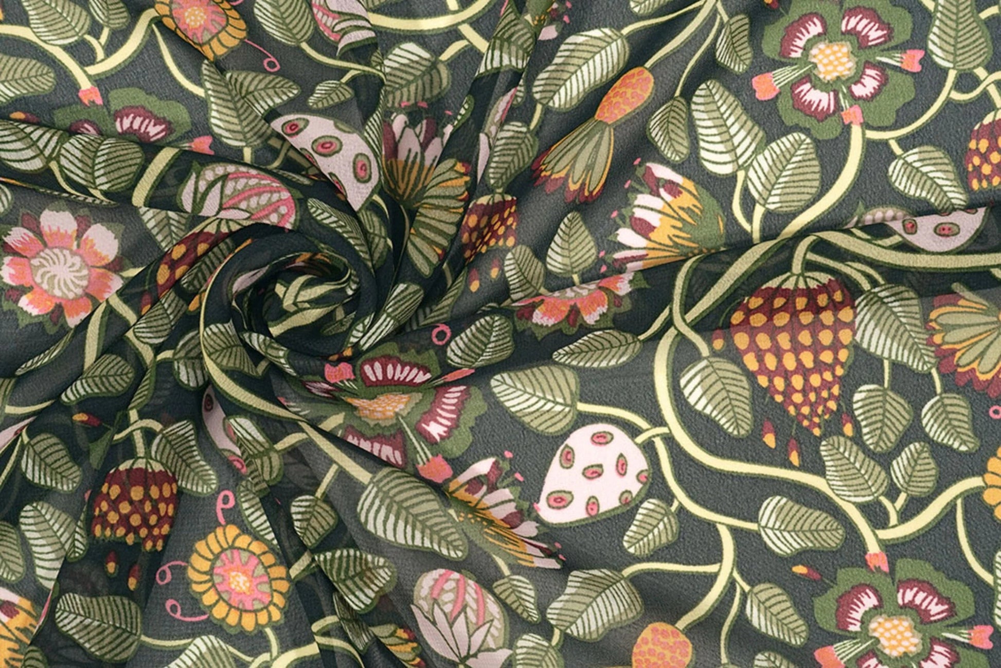 Attēls ar Šifons - ziedi ar zaļām stīgām| 150 cm | 65 g/m² – pieejams Šarlotes audumi