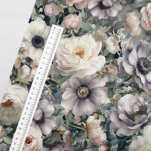 Kokvilnas cilpiņtrikotāža-sudrabaini dūmakainais ziedu dārzs 250 g/m²