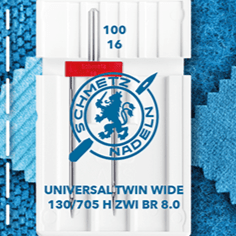 Image d’une aiguille double universelle pour machine à coudre SCHMETZ UNIVERSAL TWIN ZWI BR - n° 8/100 (1 pc) – disponible chez Šarlotes audumi