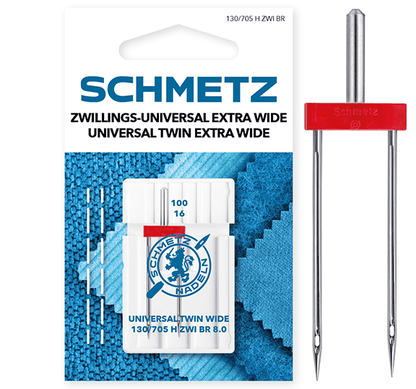 Image de l’aiguille double universelle pour machine à coudre SCHMETZ UNIVERSAL TWIN ZWI BR - n° 8/100 (1 pc) – disponible chez Šarlotes audumi