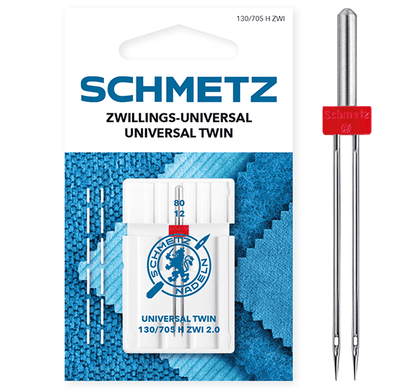 Image de l’aiguille double universelle pour machine à coudre SCHMETZ UNIVERSAL TWIN ZWI - n°2/80 (1 pc) – disponible chez Šarlotes audumi
