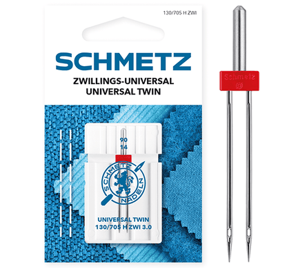 Image de l’aiguille double universelle pour machine à coudre SCHMETZ UNIVERSAL TWIN ZWI - n°3/90 (1 pièce) – disponible chez Šarlotes audumi
