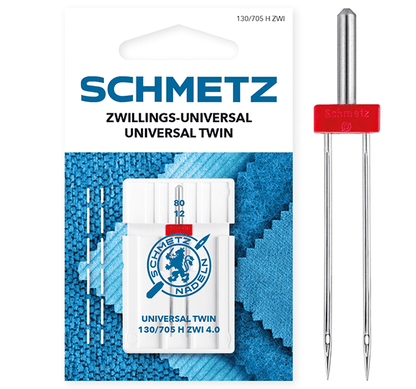 Image d’une aiguille double universelle pour machine à coudre SCHMETZ UNIVERSAL TWIN ZWI - N° 4/80 (1 pc) – disponible chez Šarlotes audumi