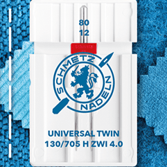 Image d'une aiguille double universelle pour machine à coudre SCHMETZ UNIVERSAL TWIN ZWI - n°4/80 (1 pièce) – disponible chez Šarlotes audumi
