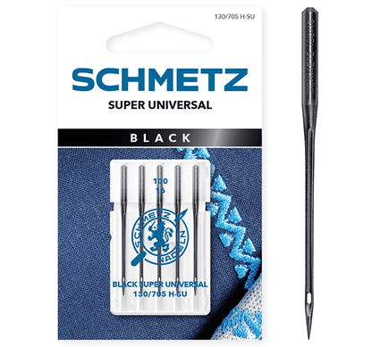 Attēls ar Šujmašīnu adatas universālās SCHMETZ BLACK SUPER UNIVERSAL–Nr.100 (5gab.) – pieejams Šarlotes audumi