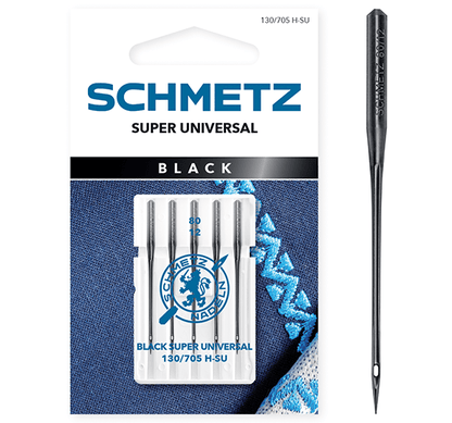 Attēls ar Šujmašīnu adatas universālās SCHMETZ BLACK SUPER UNIVERSAL–Nr.80 (5gab.) – pieejams Šarlotes audumi