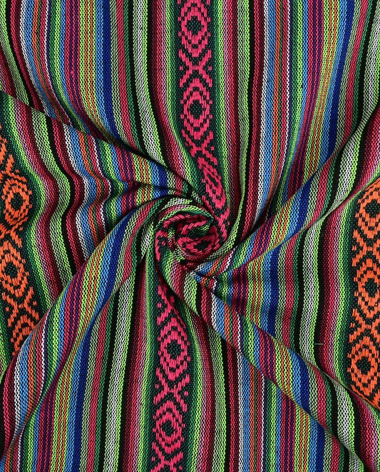 Image of traditional pattern fabric - green, fuchsia and orange 200 g/m² – available at Šarlotes audumi