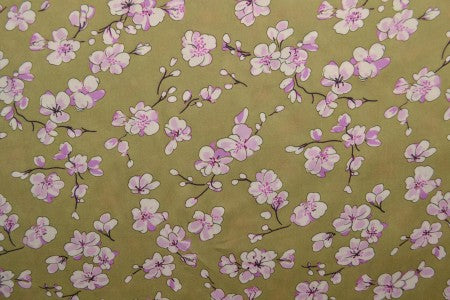 100% Viscose Fabric - Cherry Blossoms on a Pistachio Green Background 100 g/m²