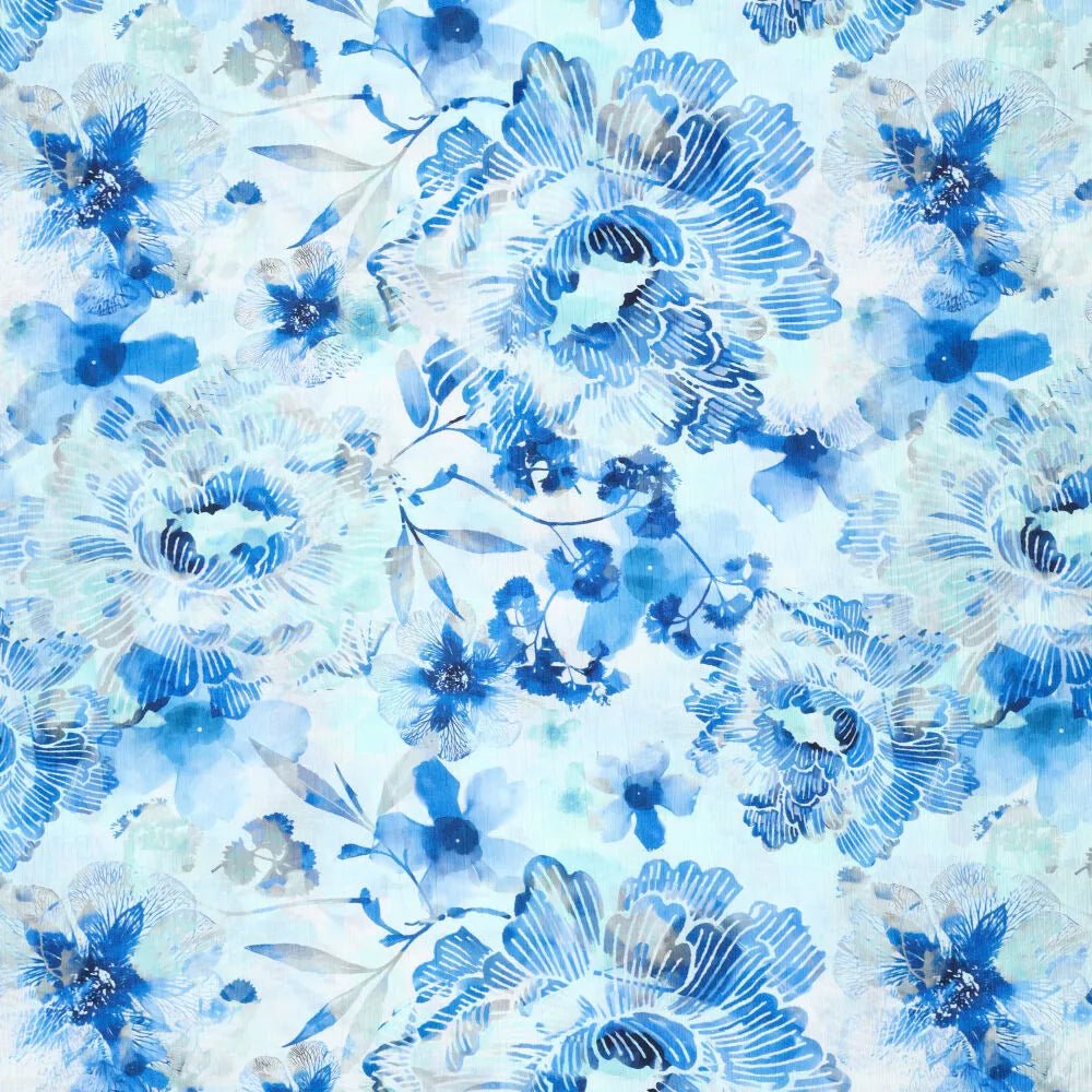 Attēls ar Viskozes audums ar burzījuma efektu - zilas puķes 145 g/m² – pieejams Šarlotes audumi