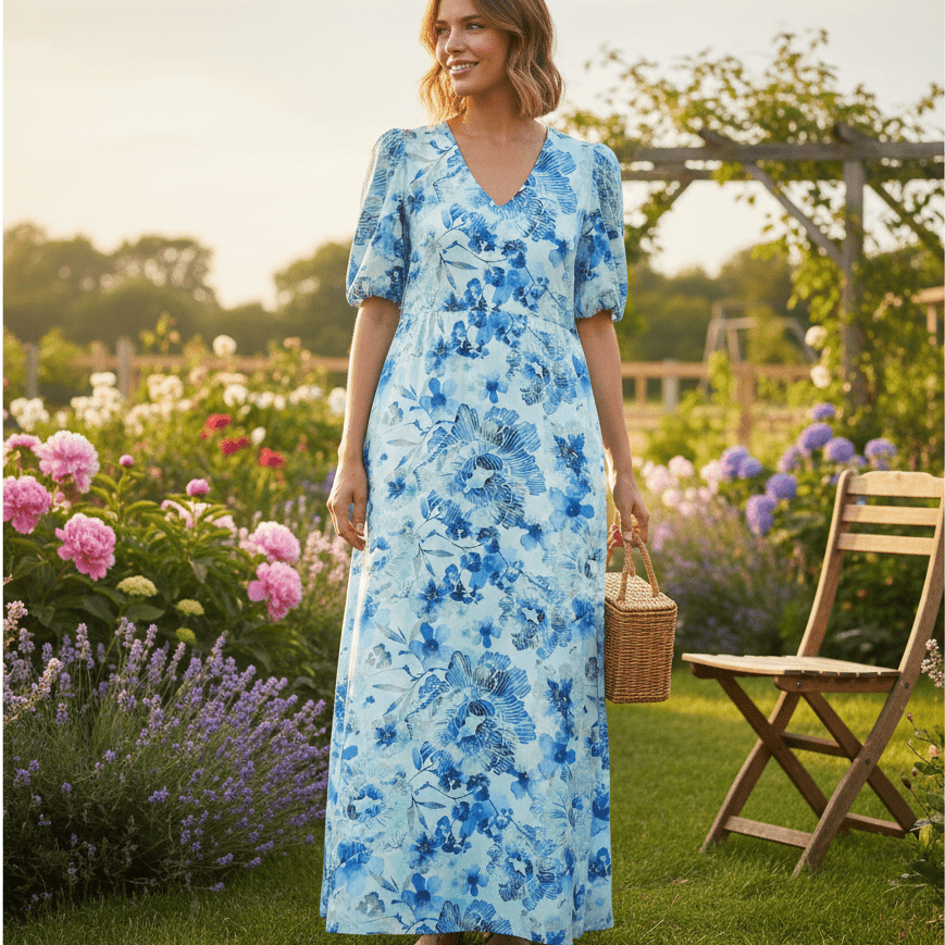 Attēls ar Viskozes audums ar burzījuma efektu - zilas puķes 145 g/m² – pieejams Šarlotes audumi