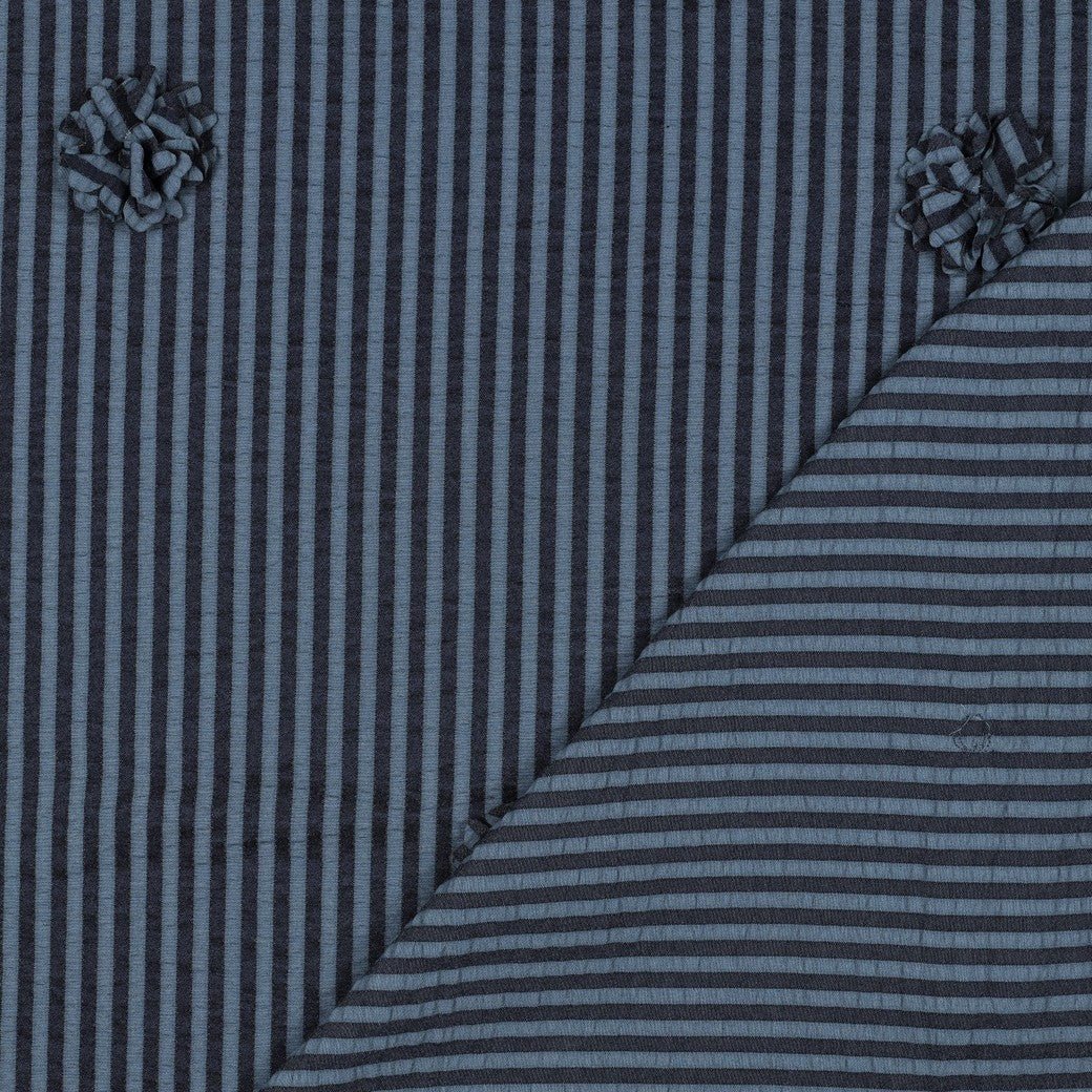 Image of viscose fabric with stripes and floral motif – dark blue 130 g/m² – available at Šarlotes audumi