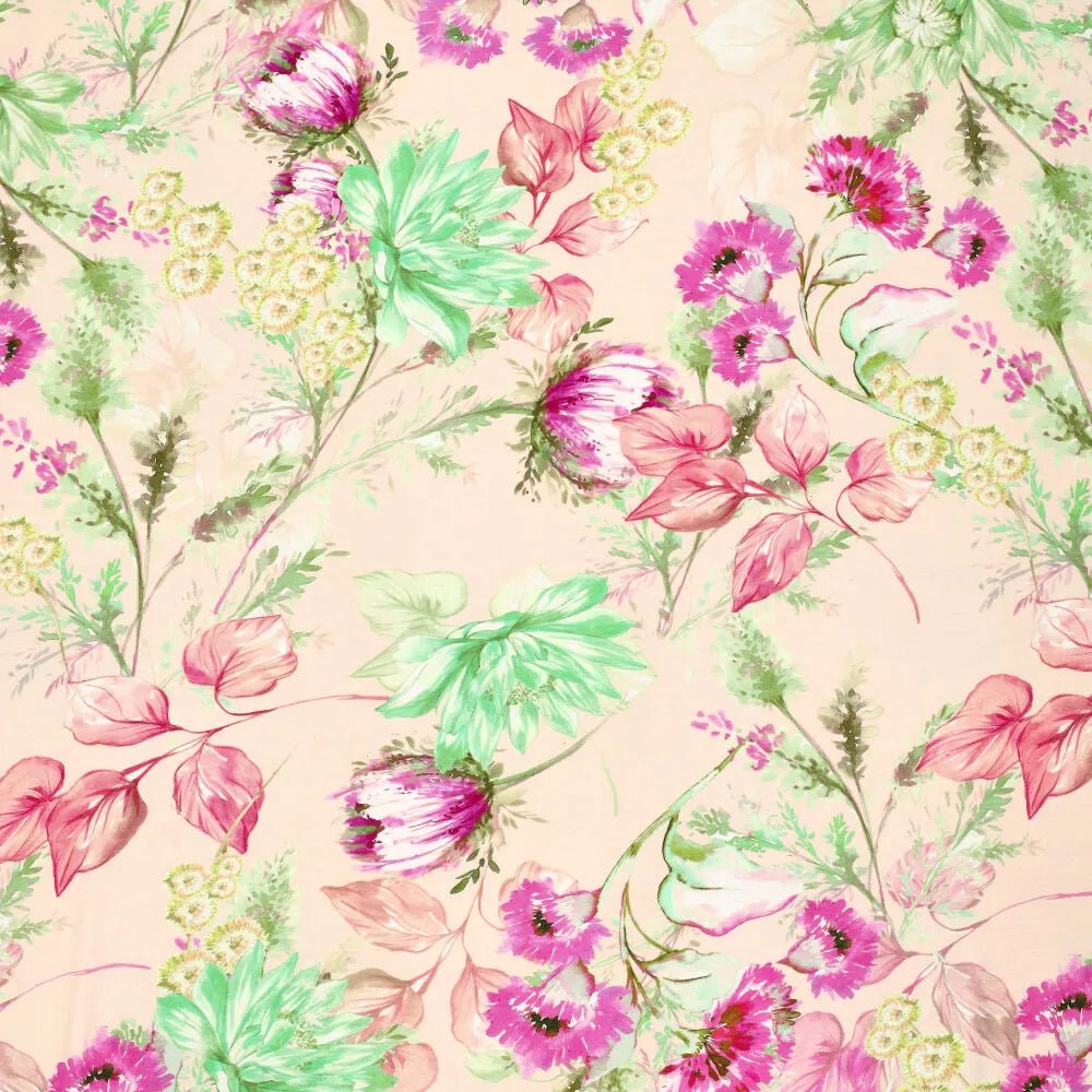 Attēls ar Viskozes trikotāža - ziedi 220 g/m² – pieejams Šarlotes audumi