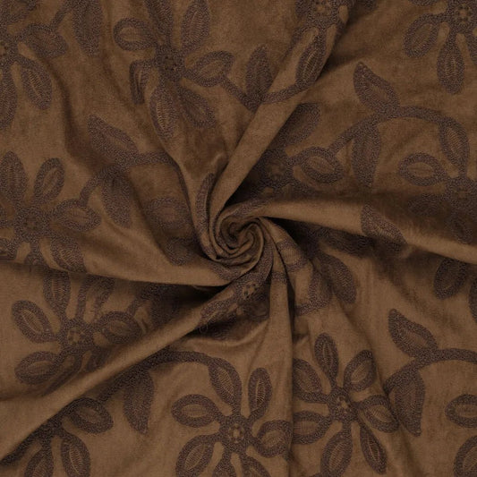Image of suede fabric with embroidered floral pattern - brown 310 g/m² – available at Šarlotes audumi