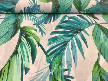 Tissu 100 % coton - feuilles de palmier bleu-vert 125 g/m²