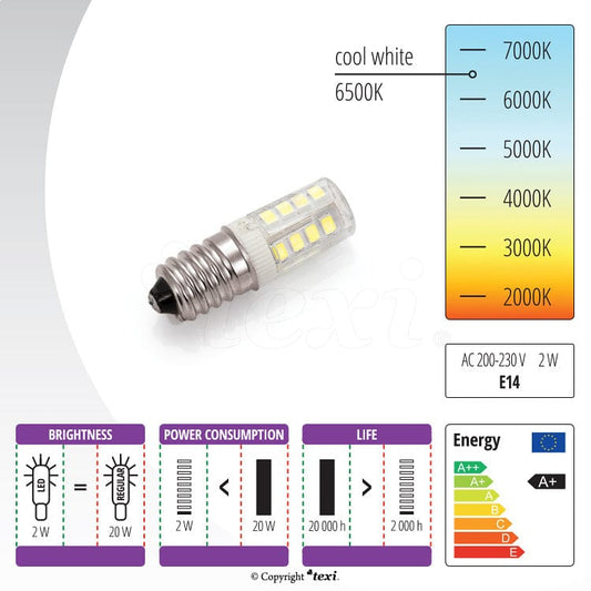 Šujmašīnu spuldze-LED E14 2W 230V gaisma balta